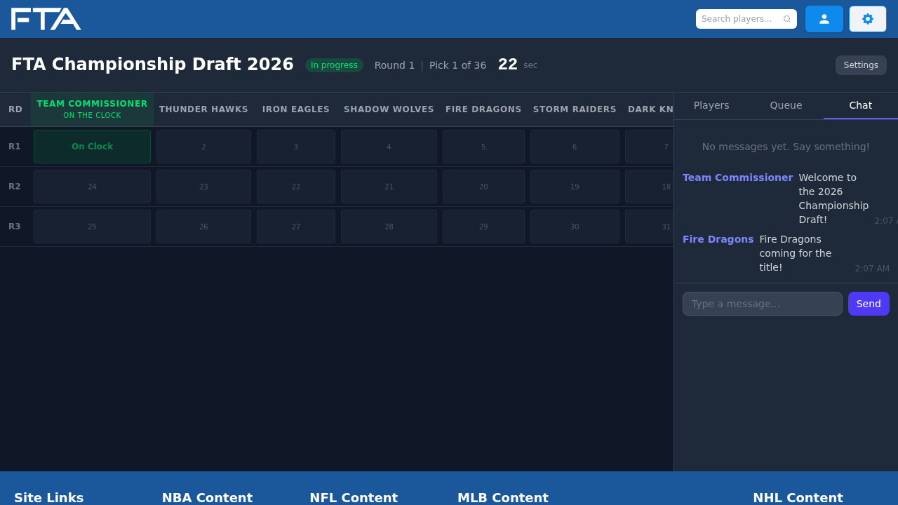 Draft board live chat with real-time messages between league members during the draft