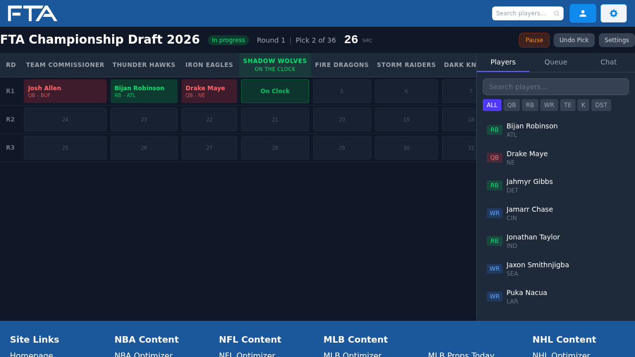 Live fantasy football draft board with timer, on-the-clock indicator, and player list