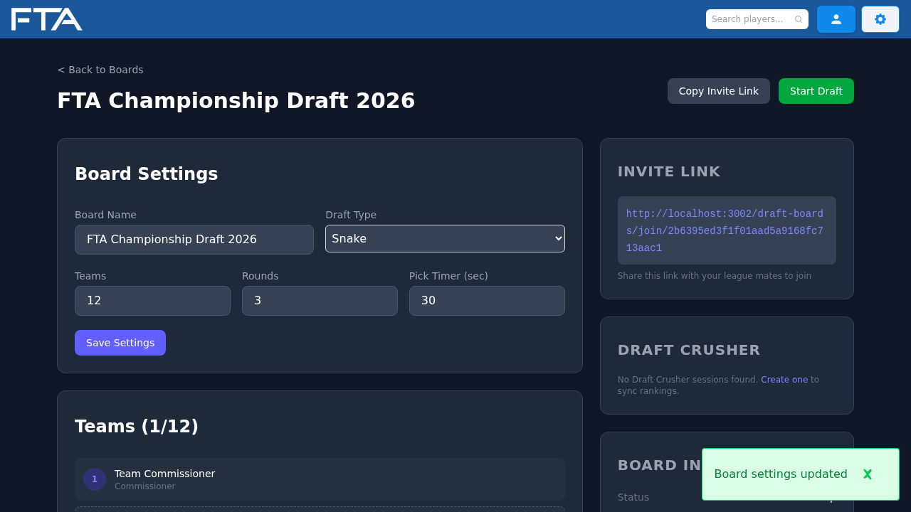 Draft board settings page with league name, draft type, teams, rounds, timer, and invite link